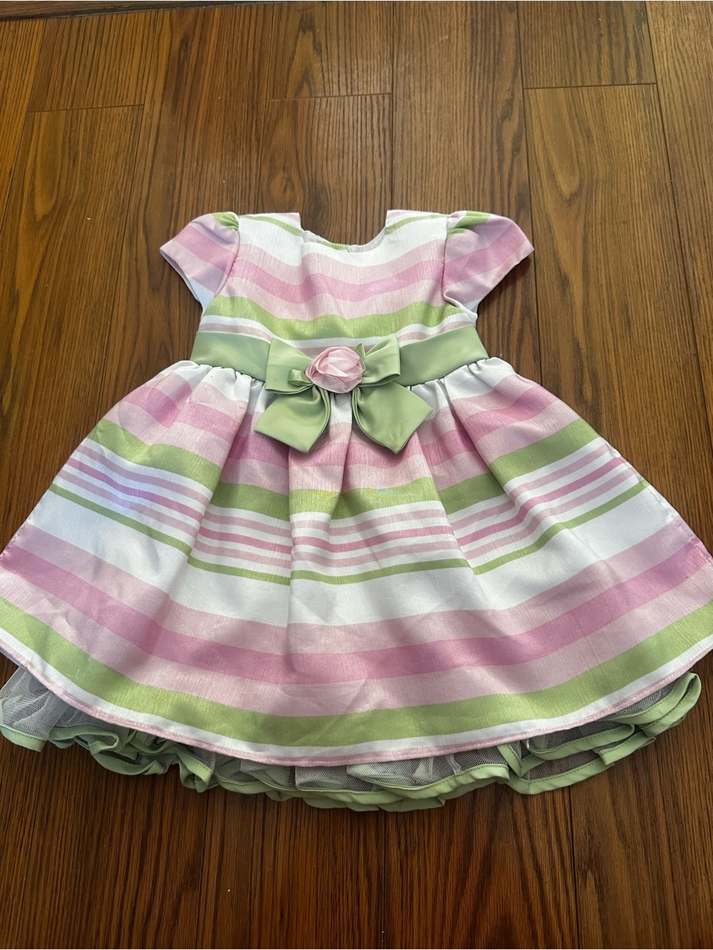 Youngland Pink, Green & White Striped Party Dress with Satin Waist Bow